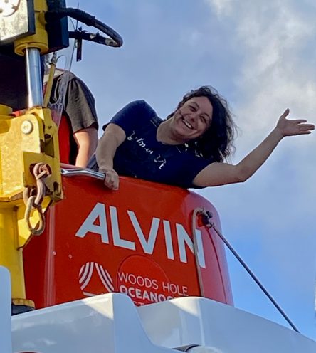 Johanna Weston in the Alvin submersible hatch waving